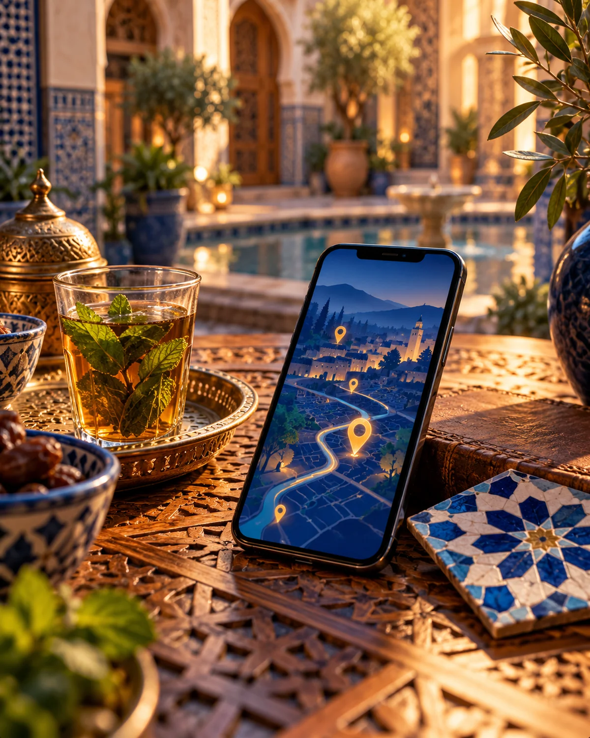 Smartphone affichant une carte, posé sur une table sculptée de riad à côté d’un thé à la menthe