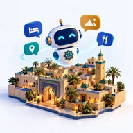 Robot assistant au-dessus d’une médina miniature, entouré de bulles de services
