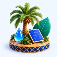 Oasis miniature avec palmiers, cascade et panneaux solaires