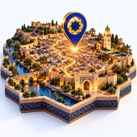 Épingle de carte lumineuse au-dessus d’une médina miniature