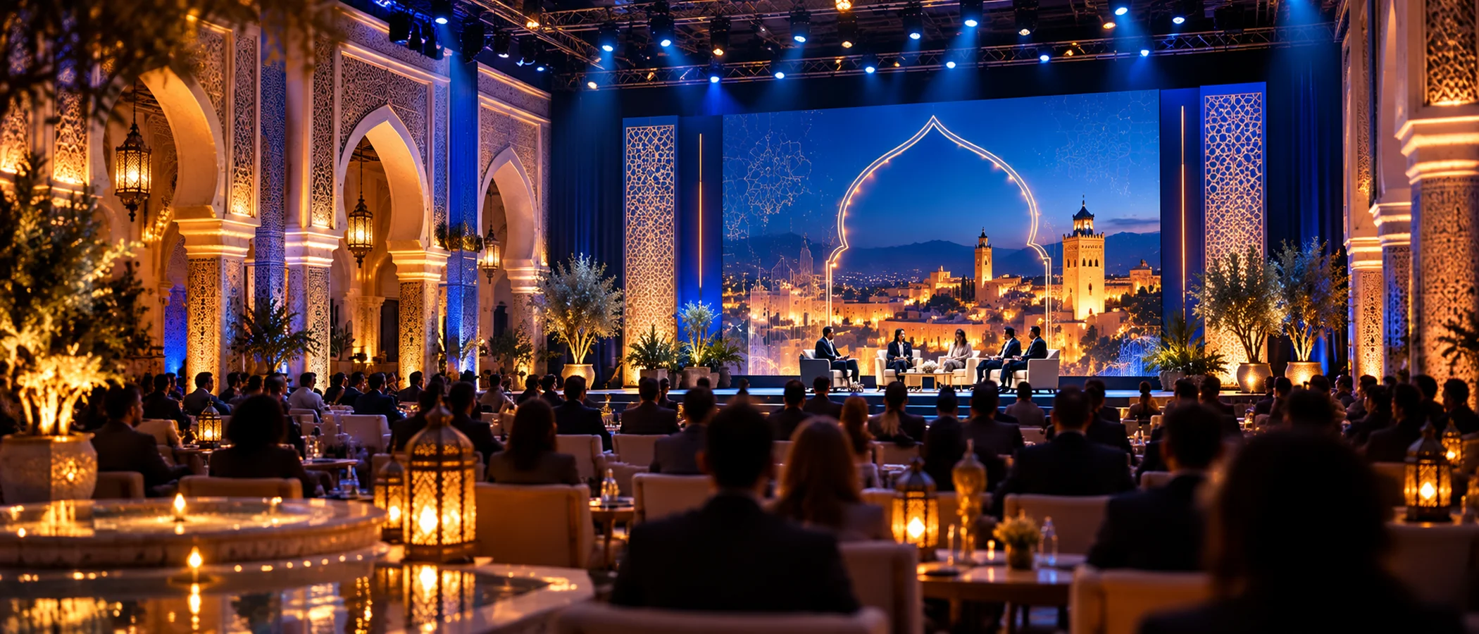 Salle de pitch sous des arches marocaines, public face à la scène