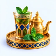 Verre de thé à la menthe et théière sur un plateau ciselé